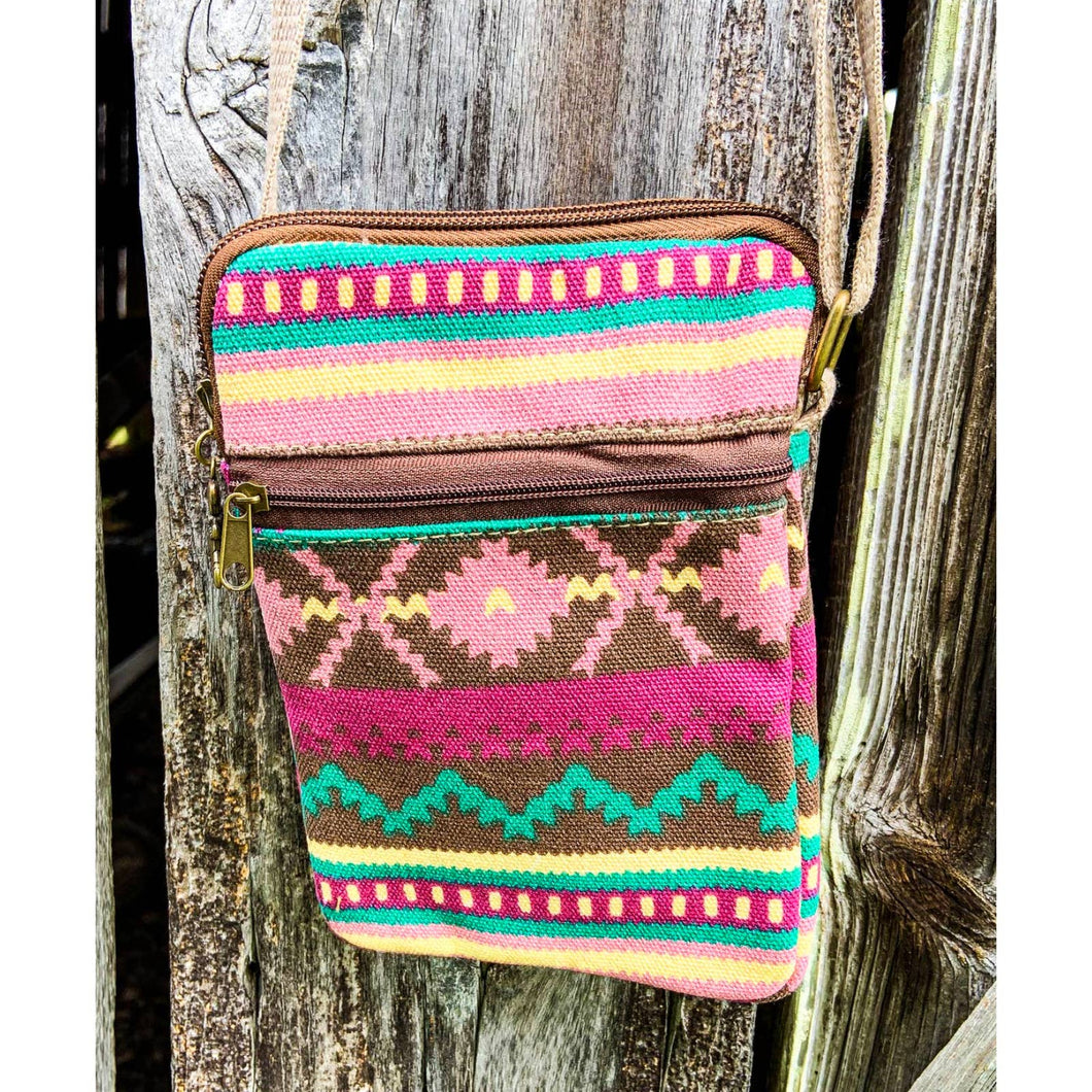 Mini Canvas Crossbody Bag w/ Boho / Tribal Pattern - Super Cute and Practical!