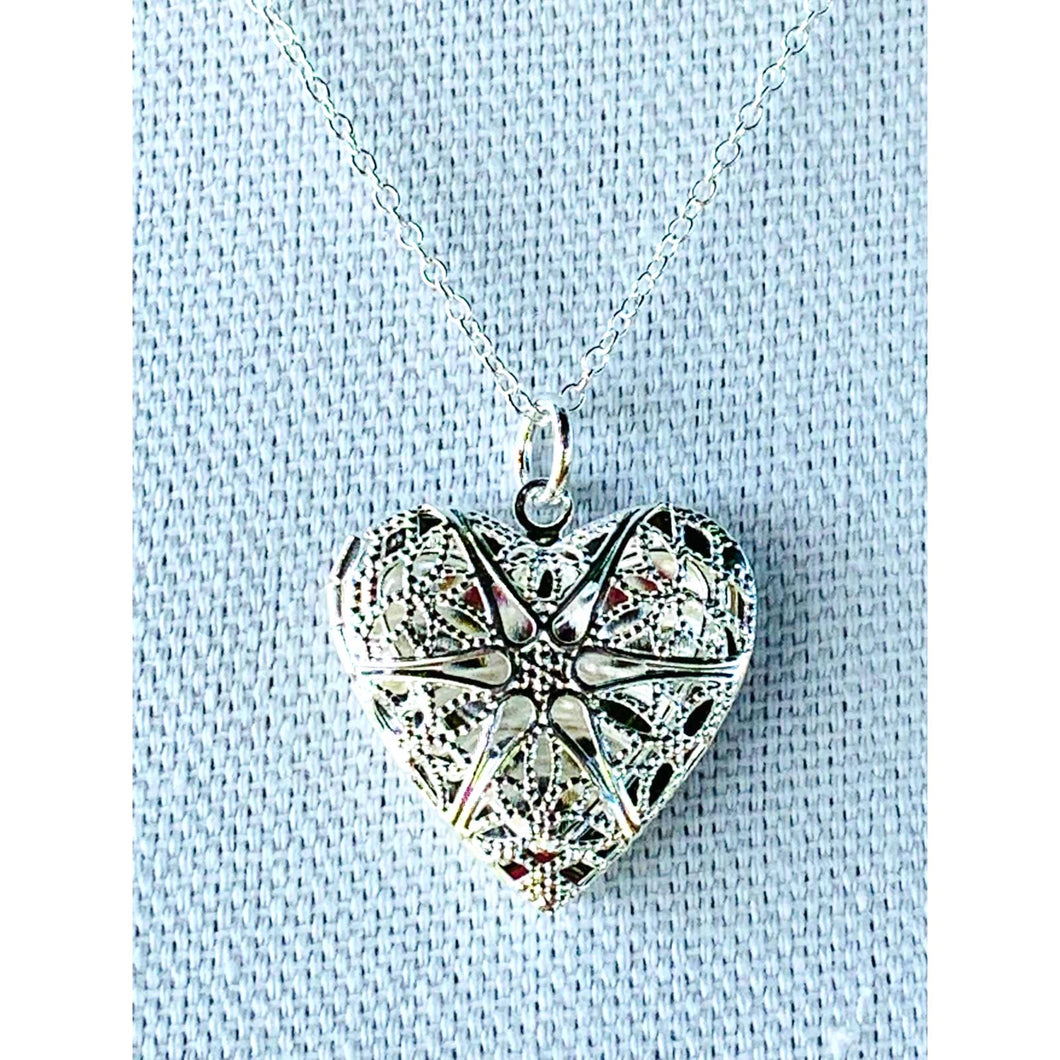 Romantic Filigree Heart Locket Necklace / Pendant - Marked 925 - Sterling Silver