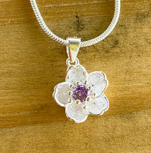 Load image into Gallery viewer, Minimalist Cherry Blossom Flower Pendant w/ Purple Zircon - Silver Plated
