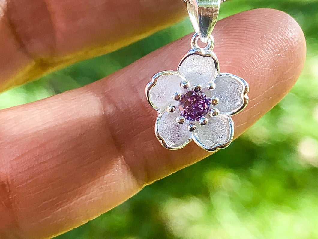 Minimalist Cherry Blossom Flower Pendant w/ Purple Zircon - Silver Plated
