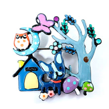 Load image into Gallery viewer, Whimiscal Enamel Puppy Dog Pin/ Brooch - Night Scene -Owl, Moon, Butterfly, Tree
