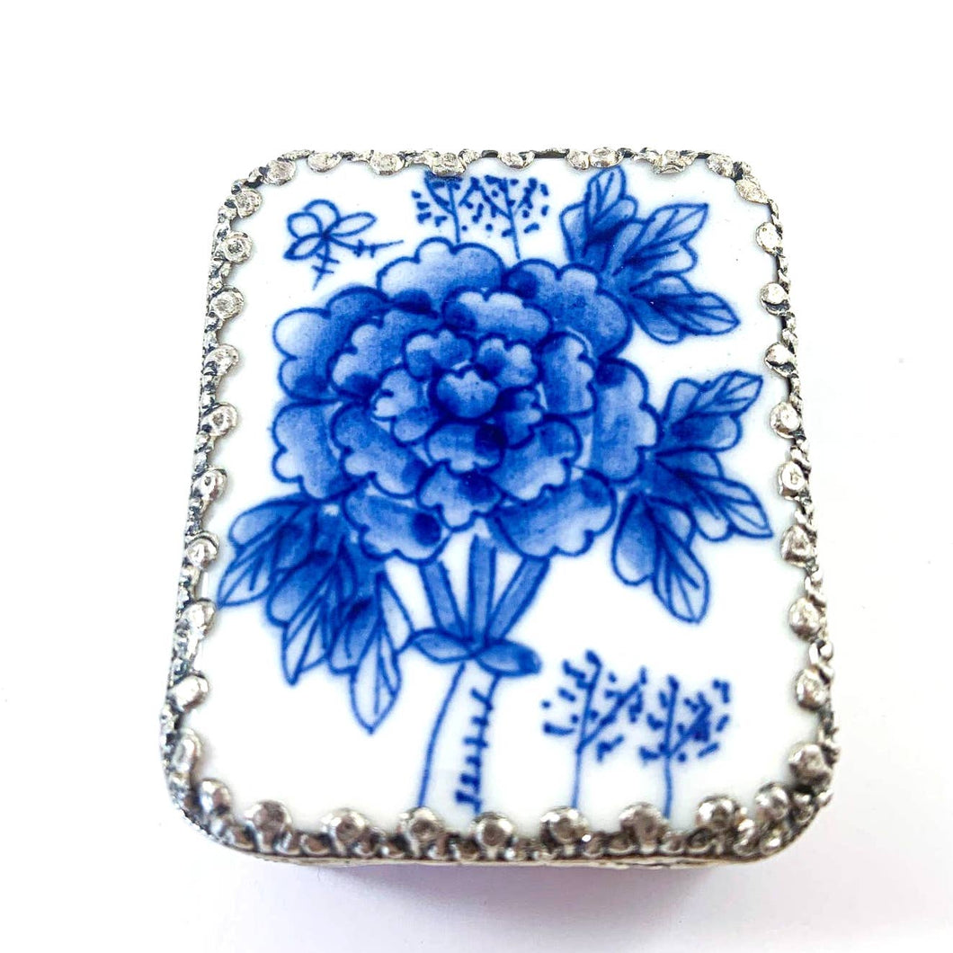 Embossed Silver-Plated Copper Trinket Box w/ Porcelain Lid with Blue Flowers