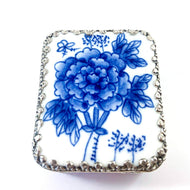 Embossed Silver-Plated Copper Trinket Box w/ Porcelain Lid with Blue Flowers