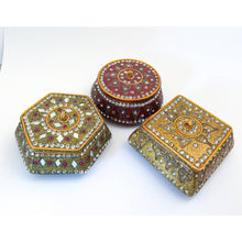 Load image into Gallery viewer, Lot of 3 Vintage Bejeweled Ceramic Trinket Boxes - Two Gold Color, One Deep Red
