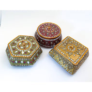 Lot of 3 Vintage Bejeweled Ceramic Trinket Boxes - Two Gold Color, One Deep Red