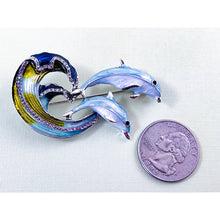 Load image into Gallery viewer, Beautiful Enamel Dolphins Brooch/ Pin with Rhinestone Wave
