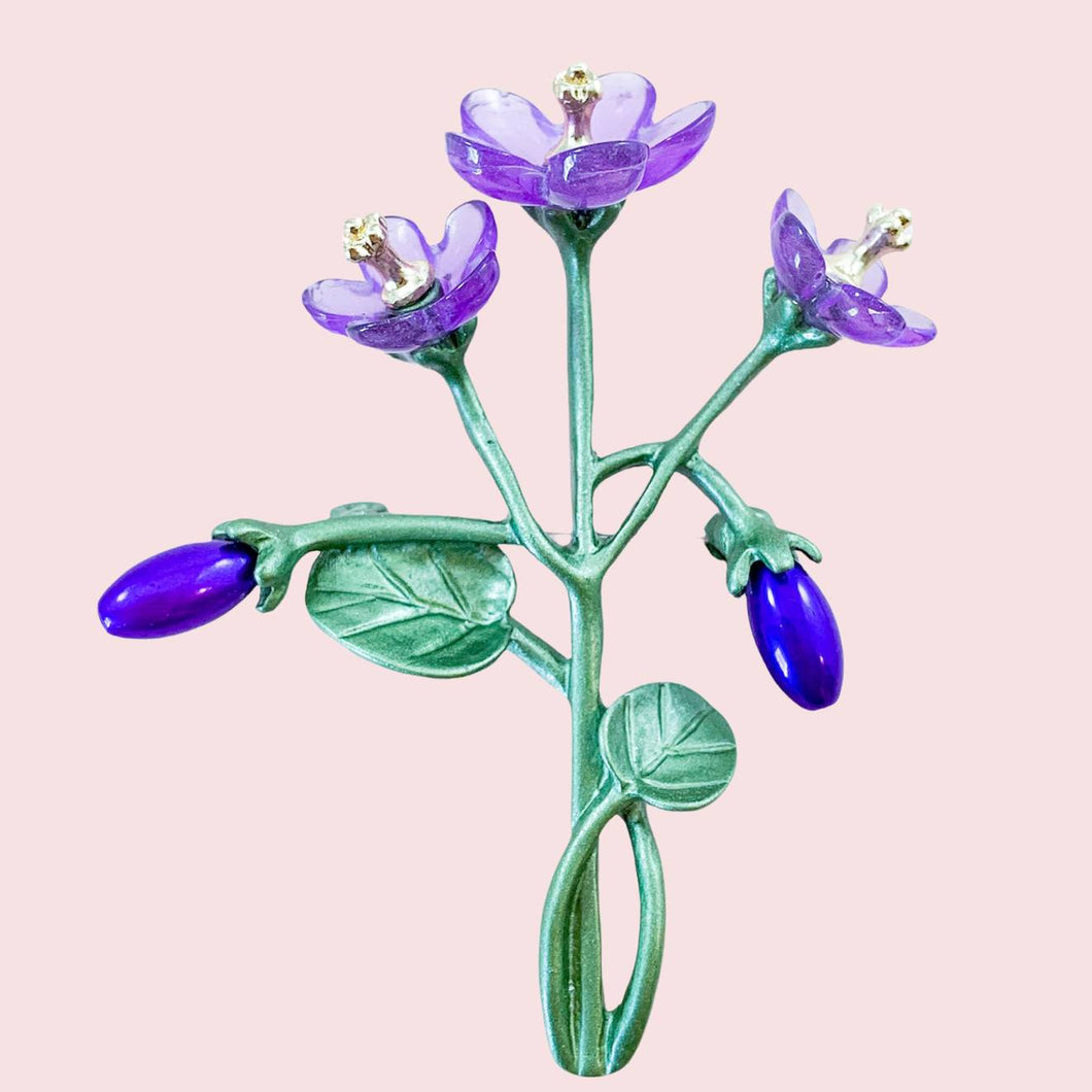 Stunning Violet Bouquet Brooch/ Pin – Frosted Purple Flowers, Sage Stems