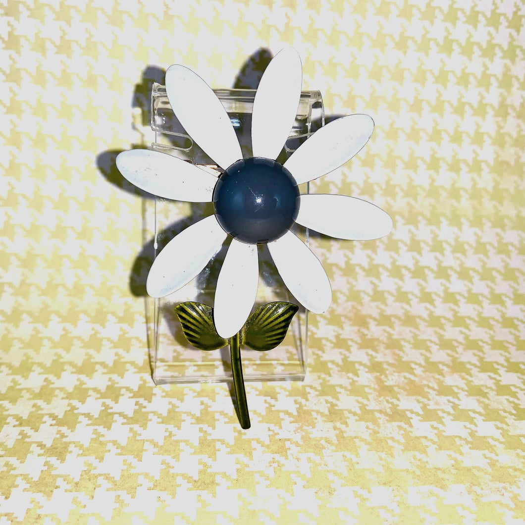 Big Tall Enamel Flower Pin - Light and Dark Gray, 3-5/8 Inches Tall, 1970s