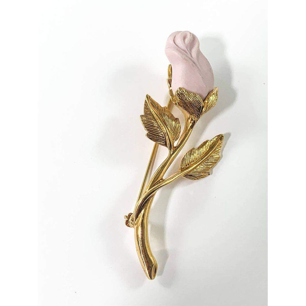 AVON Genuine Porcelain Rose Pin / Brooch - Soft Pink Long-Stemmed Rose - 1994