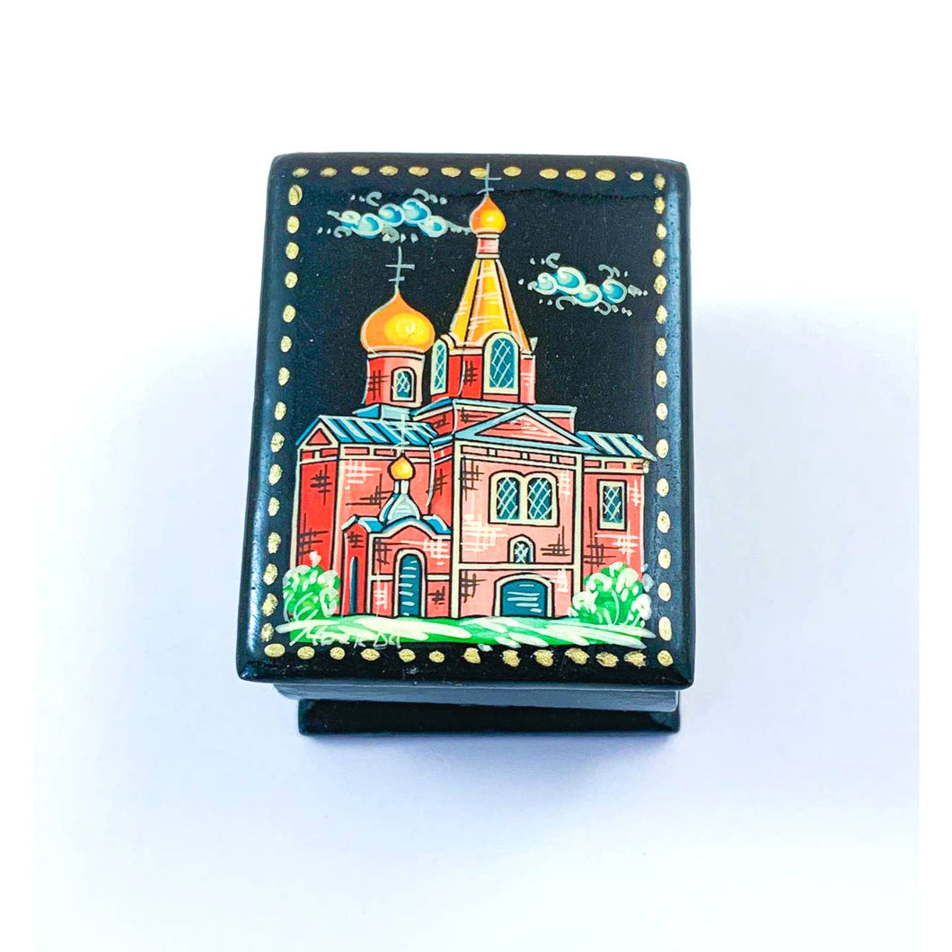Small Black Lacquer Russian Folk Art Wooden Box - Size for Pills or Rings