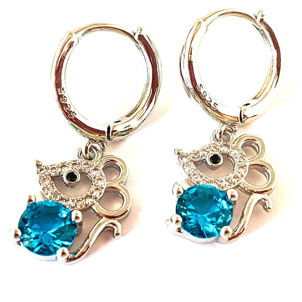 Cute Sterling Silver Mouse Dangle Earrings with Sparkly Blue Crystal