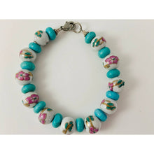 Load image into Gallery viewer, Ceramic/ Porcelain Bracelet - White with Pink Painted Roses and Aqua Beads
