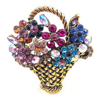 Super Sparkly Basket Full of Flowers Brooch/ Pin, Multicolored Rhinestones - NEW