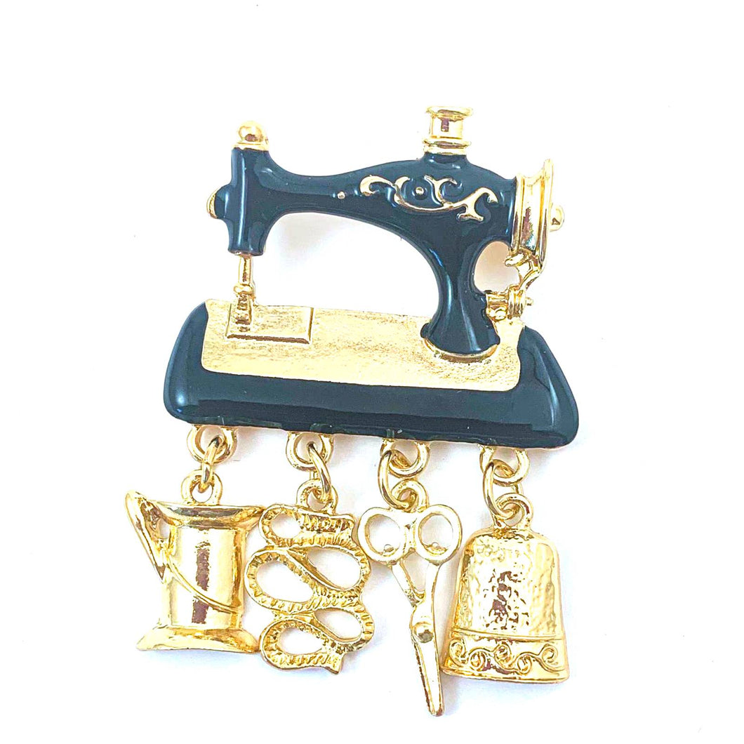 Old-Fashioned Sewing Machine Brooch/Pin with Sewing Charms - New