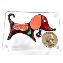 Load image into Gallery viewer, Cute &amp; Artsy Red/ Brown/ Multicolor Enamel Dog Brooch/ Pin with Dangle Tag

