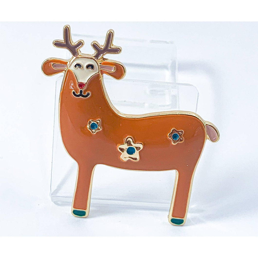 Happy Reindeer with Red Nose - Super Cute Enamel Christmas Brooch/ Pin