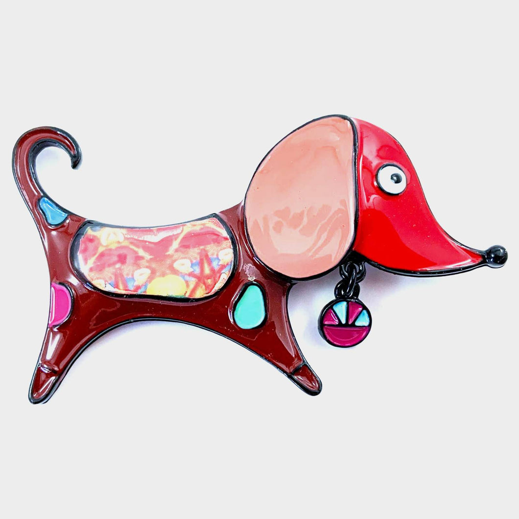 Cute & Artsy Red/ Brown/ Multicolor Enamel Dog Brooch/ Pin with Dangle Tag