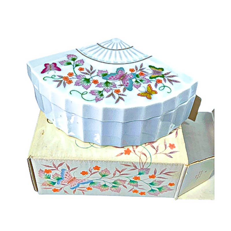 Avon Porcelain Trinket Box - Butterfly Fantasy Treasure Fan, 1980 - Original Box
