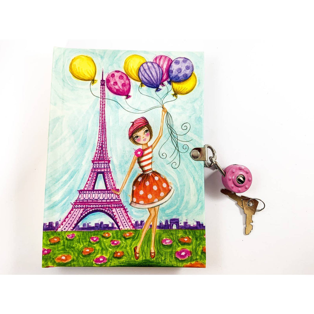 Diary/ Journal with Lock & Keys - Parisian Girl with Balloons - Blank, New