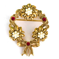 Avon 1994 Rose Wreath Pin - Antiqued Gold-Tone with Red Crystals & White Flowers