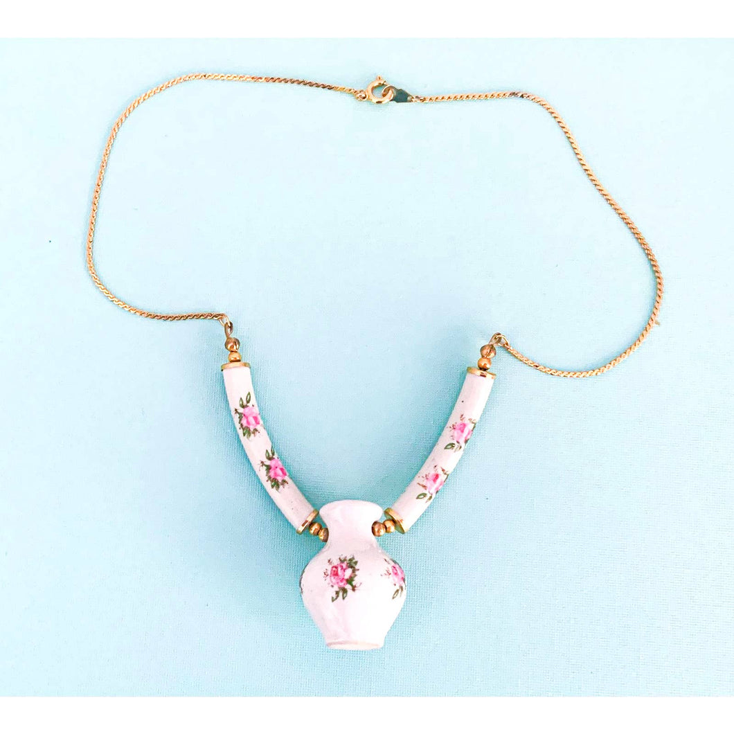 Unique Vintage Necklace with Miniature Ceramic Pottery Jug with Pink Roses