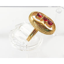 Load image into Gallery viewer, Sarah Coventry 1973 &quot;Fire Fly&quot; Gold-Tone Ring with Three Red Crystals - Size 6
