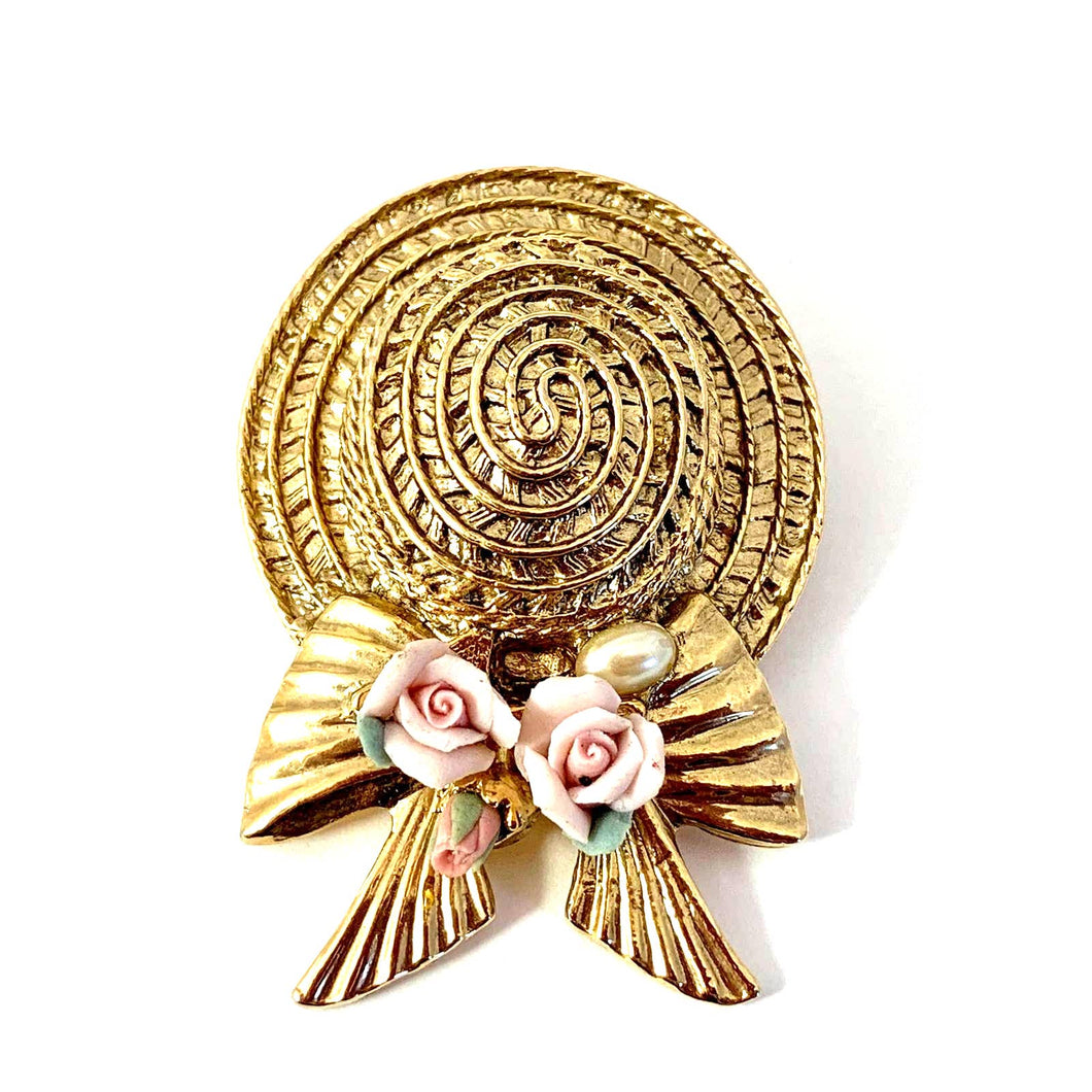 1928 Brand Straw Hat Pin/Brooch with Pink Porcelain Roses