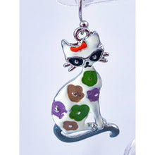 Load image into Gallery viewer, White &amp; Floral Enamel Catty Cat in Cat-eye Glasses Earrings - Super Cute!
