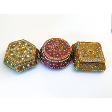 Load image into Gallery viewer, Lot of 3 Vintage Bejeweled Ceramic Trinket Boxes - Two Gold Color, One Deep Red
