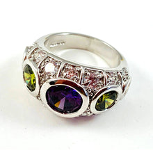 Load image into Gallery viewer, Silver-Tone Ring Size 6-1/2 with Deep Purple, Olive Green, Amber Glass Stones
