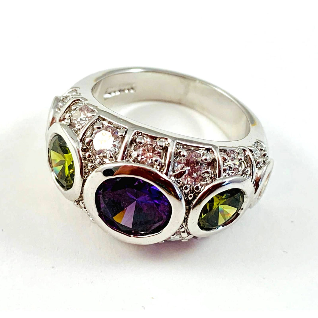 Silver-Tone Ring Size 6-1/2 with Deep Purple, Olive Green, Amber Glass Stones