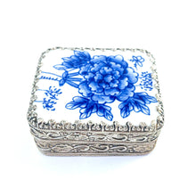 Load image into Gallery viewer, Embossed Silver-Plated Copper Trinket Box w/ Porcelain Lid with Blue Flowers
