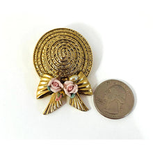 Load image into Gallery viewer, 1928 Brand Straw Hat Pin/Brooch with Pink Porcelain Roses
