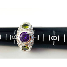 Load image into Gallery viewer, Silver-Tone Ring Size 6-1/2 with Deep Purple, Olive Green, Amber Glass Stones
