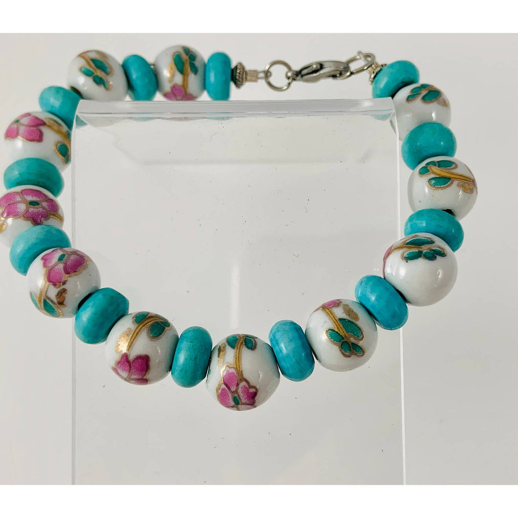 Ceramic/ Porcelain Bracelet - White with Pink Painted Roses and Aqua Beads