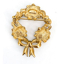 Load image into Gallery viewer, Avon 1994 Rose Wreath Pin - Antiqued Gold-Tone with Red Crystals &amp; White Flowers
