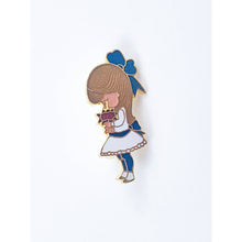 Load image into Gallery viewer, Joan Walsh Anglund Enamel Pin – Girl in White Dress with Blue Ribbon - Signed
