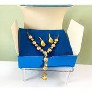 Avon Shimmering ‘Y’ Gift Set - Necklace & Earrings, Green Glass  & Enamel Flowers 2007